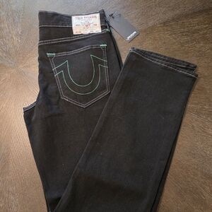 True Religion Men's Ricky Straight Black Jeans With Green Logo On Pockets 34/34